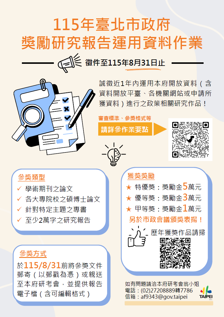 相關圖片 115年臺北市政府獎勵研究報告運用資料作業